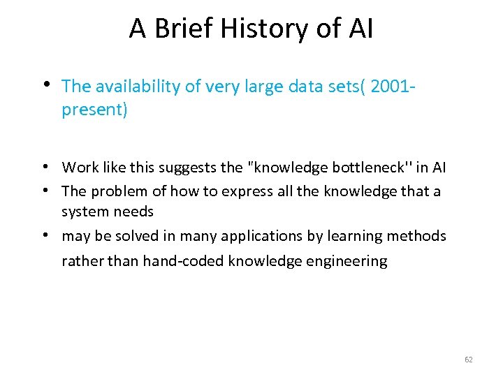 A Brief History of AI • The availability of very large data sets( 2001