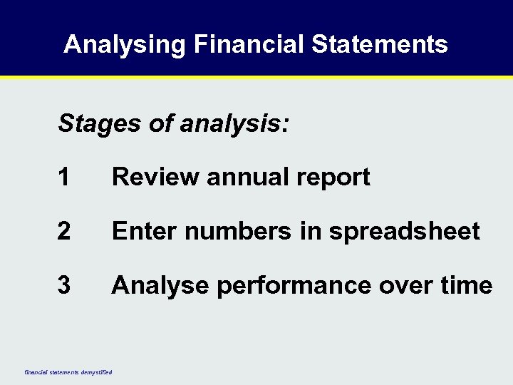 Analysing Financial Statements Stages of analysis: 1 Review annual report 2 Enter numbers in