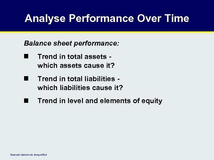 Analyse Performance Over Time Balance sheet performance: n Trend in total assets which assets