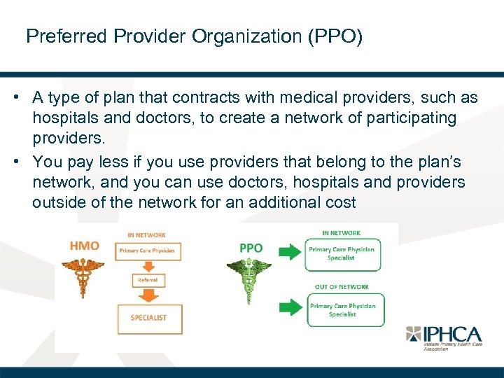 Preferred Provider Organization (PPO) • A type of plan that contracts with medical providers,