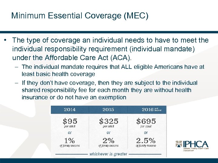 Minimum Essential Coverage (MEC) • The type of coverage an individual needs to have