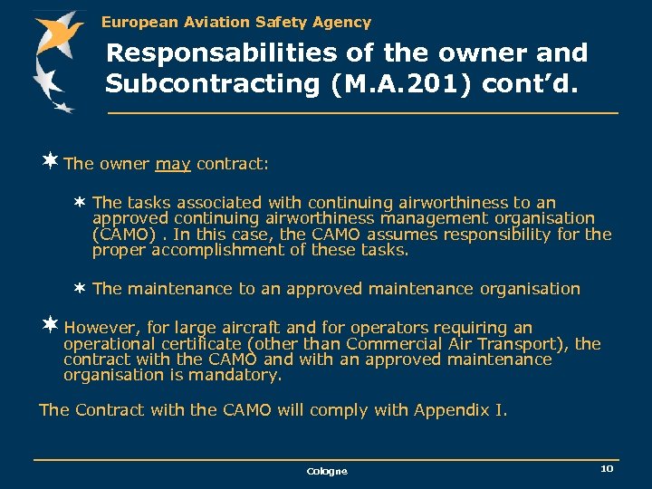 European Aviation Safety Agency Responsabilities of the owner and Subcontracting (M. A. 201) cont’d.