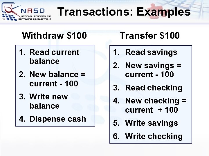 Transactions: Examples Withdraw $100 1. Read current balance 2. New balance = current -