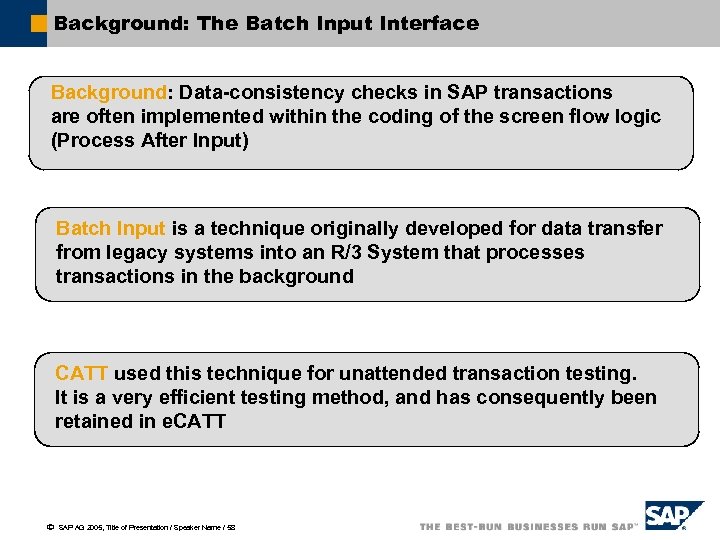 Background: The Batch Input Interface Background: Data-consistency checks in SAP transactions are often implemented