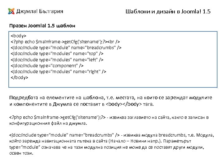 Шаблони и дизайн в Joomla! 1. 5 Празен Joomla! 1. 5 шаблон <body> <?