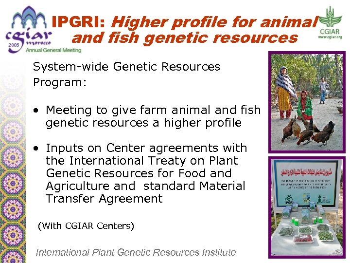 IPGRI: Higher profile for animal and fish genetic resources System-wide Genetic Resources Program: •