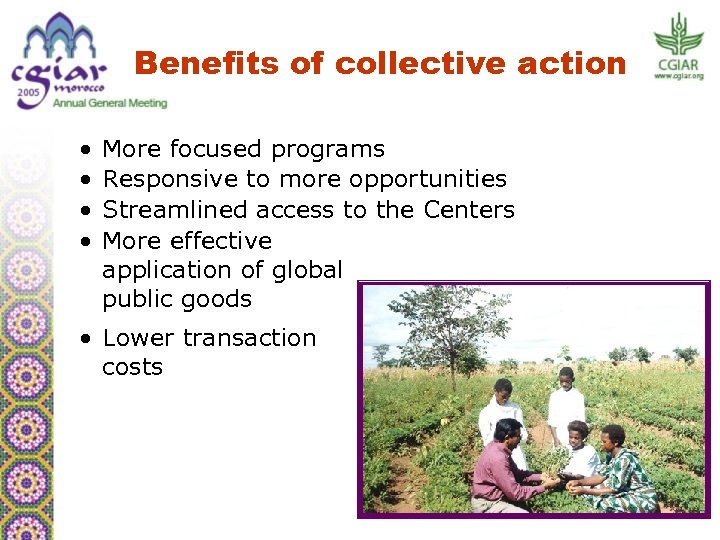 Benefits of collective action • • More focused programs Responsive to more opportunities Streamlined
