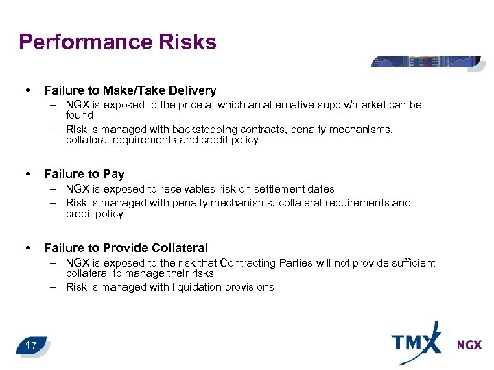 Performance Risks • Failure to Make/Take Delivery – NGX is exposed to the price