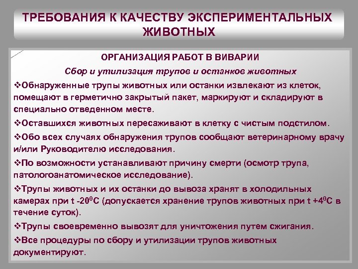 ТРЕБОВАНИЯ К КАЧЕСТВУ ЭКСПЕРИМЕНТАЛЬНЫХ ЖИВОТНЫХ ОРГАНИЗАЦИЯ РАБОТ В ВИВАРИИ Сбор и утилизация трупов и