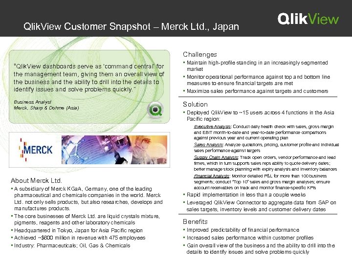 Qlik. View Customer Snapshot – Merck Ltd. , Japan Challenges “Qlik. View dashboards serve