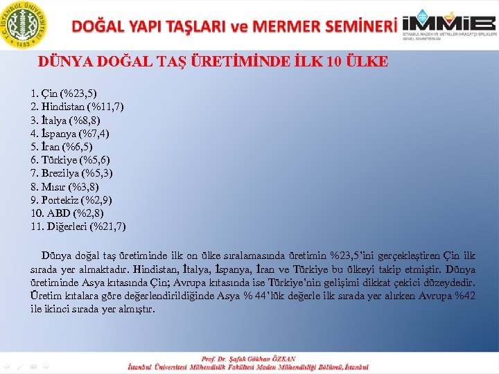 DÜNYA DOĞAL TAŞ ÜRETİMİNDE İLK 10 ÜLKE 1. Çin (%23, 5) 2. Hindistan (%11,