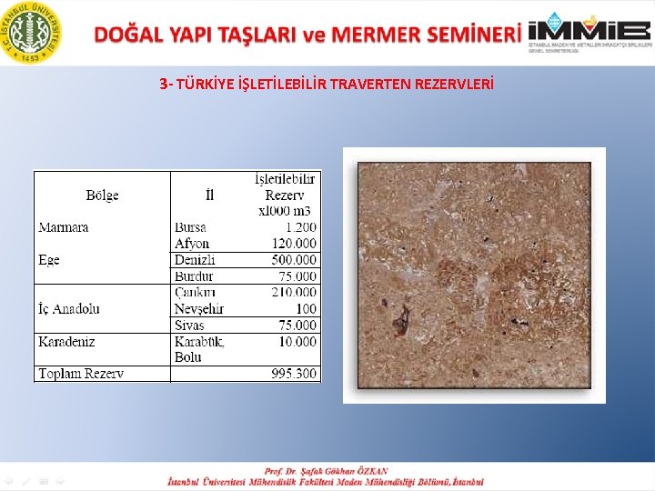 3 - TÜRKİYE İŞLETİLEBİLİR TRAVERTEN REZERVLERİ 