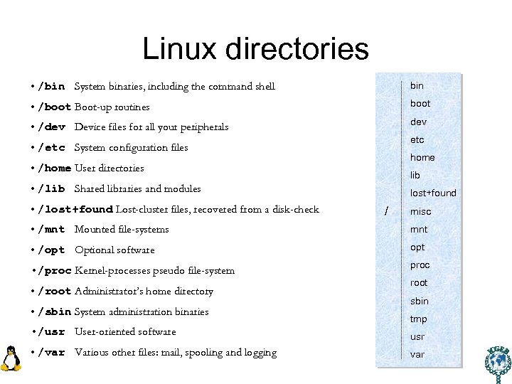 Linux directories • /bin System binaries, including the command shell bin • /boot Boot-up