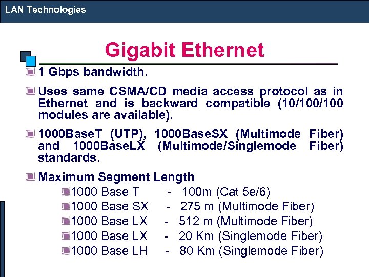 LAN Technologies Gigabit Ethernet 1 Gbps bandwidth. Uses same CSMA/CD media access protocol as