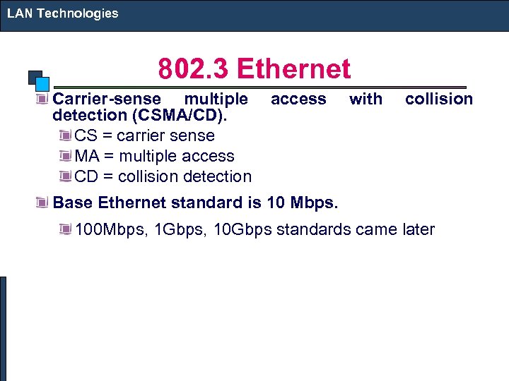 LAN Technologies 802. 3 Ethernet Carrier-sense multiple detection (CSMA/CD). CS = carrier sense MA