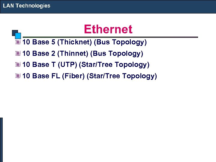 LAN Technologies Ethernet 10 Base 5 (Thicknet) (Bus Topology) 10 Base 2 (Thinnet) (Bus