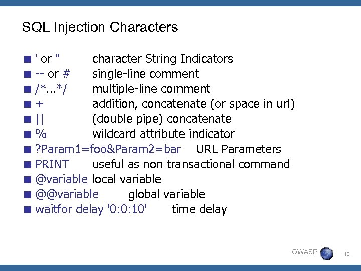 SQL Injection Characters < ' or 