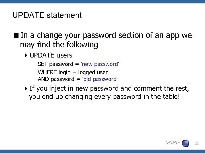 UPDATE statement <In a change your password section of an app we may find