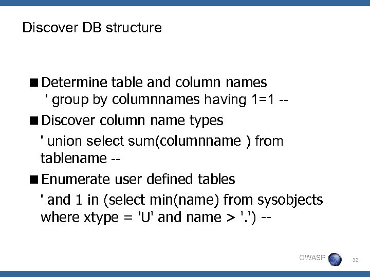 Discover DB structure <Determine table and column names ' group by columnnames having 1=1