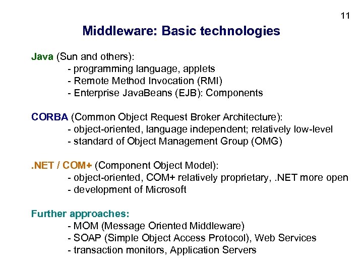 11 Middleware: Basic technologies Java (Sun and others): - programming language, applets - Remote