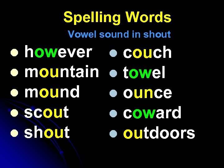 Spelling Words Vowel sound in shout however l mountain l mound l scout l