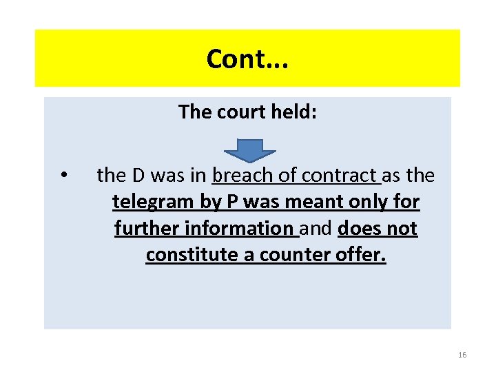 Cont. . . The court held: • the D was in breach of contract