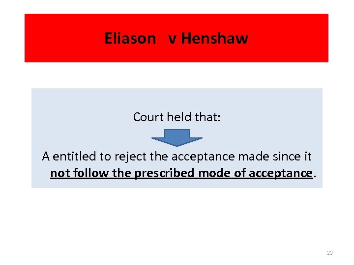 Eliason v Henshaw Court held that: A entitled to reject the acceptance made since