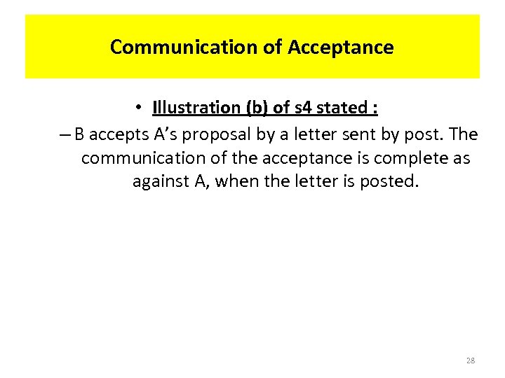 Communication of Acceptance • Illustration (b) of s 4 stated : – B accepts