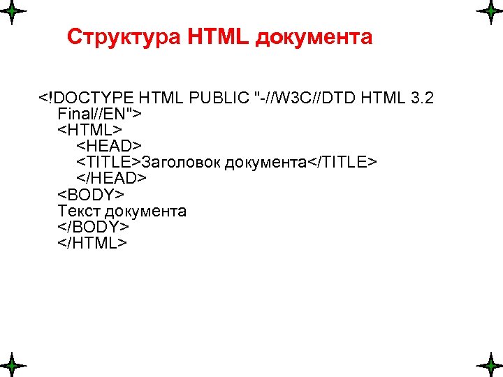 Структура HTML документа <!DOCTYPE HTML PUBLIC "-//W 3 C//DTD HTML 3. 2 Final//EN"> <HTML>