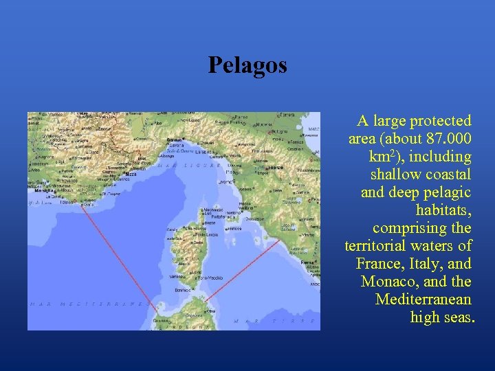 Pelagos A large protected area (about 87. 000 km 2), including shallow coastal and