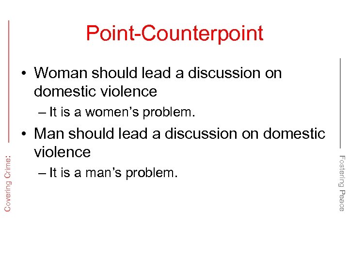 Point-Counterpoint • Woman should lead a discussion on domestic violence • Man should lead