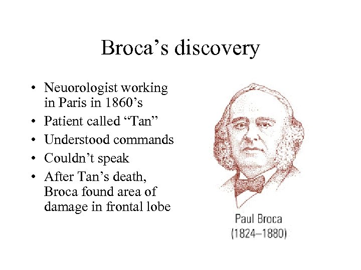 Broca’s discovery • Neuorologist working in Paris in 1860’s • Patient called “Tan” •