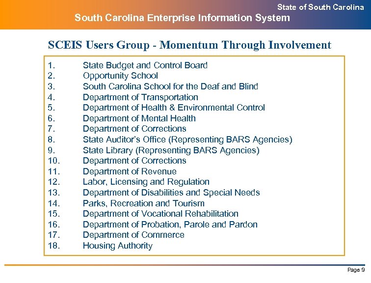 State of South Carolina Enterprise Information System SCEIS Users Group - Momentum Through Involvement