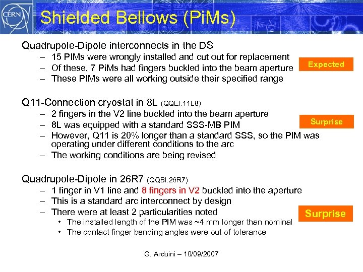 Shielded Bellows (Pi. Ms) Quadrupole-Dipole interconnects in the DS – 15 PIMs were wrongly