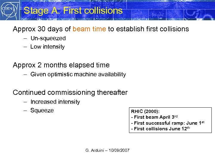 Stage A: First collisions Approx 30 days of beam time to establish first collisions