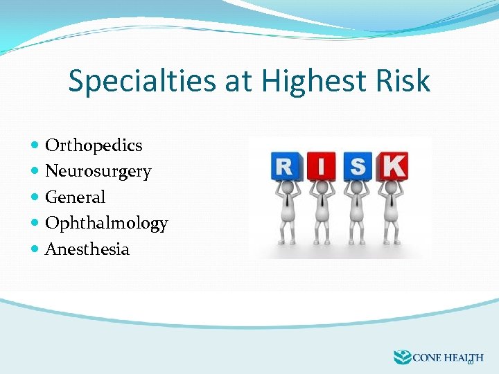 Specialties at Highest Risk Orthopedics Neurosurgery General Ophthalmology Anesthesia 10 