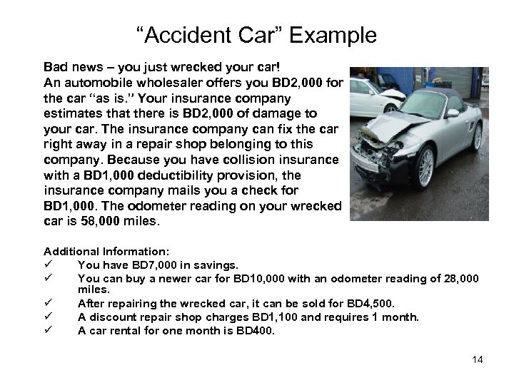“Accident Car” Example Bad news – you just wrecked your car! An automobile wholesaler