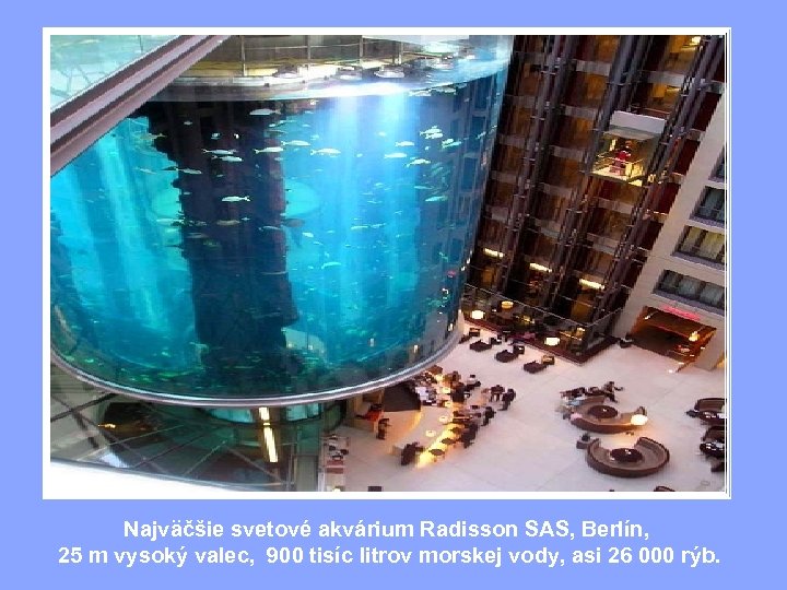 Najväčšie svetové akvárium Radisson SAS, Berlín, 25 m vysoký valec, 900 tisíc litrov morskej
