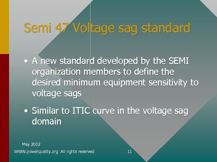 Semi 47 Voltage sag standard • A new standard developed by the SEMI organization