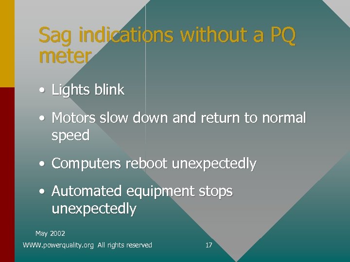 Sag indications without a PQ meter • Lights blink • Motors slow down and