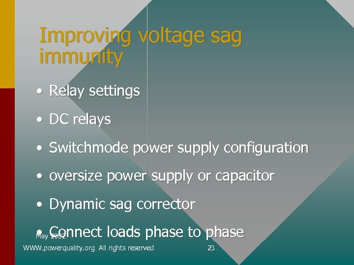 Improving voltage sag immunity • Relay settings • DC relays • Switchmode power supply