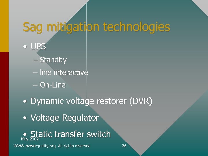 Sag mitigation technologies • UPS – Standby – line interactive – On-Line • Dynamic