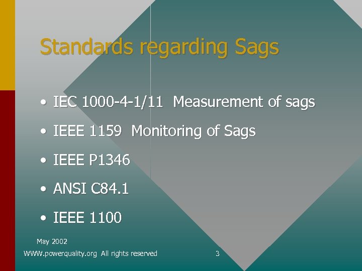 Standards regarding Sags • IEC 1000 -4 -1/11 Measurement of sags • IEEE 1159