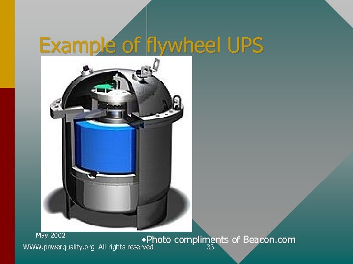 Example of flywheel UPS May 2002 • Photo compliments of Beacon. com WWW. powerquality.