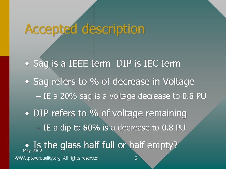 Accepted description • Sag is a IEEE term DIP is IEC term • Sag