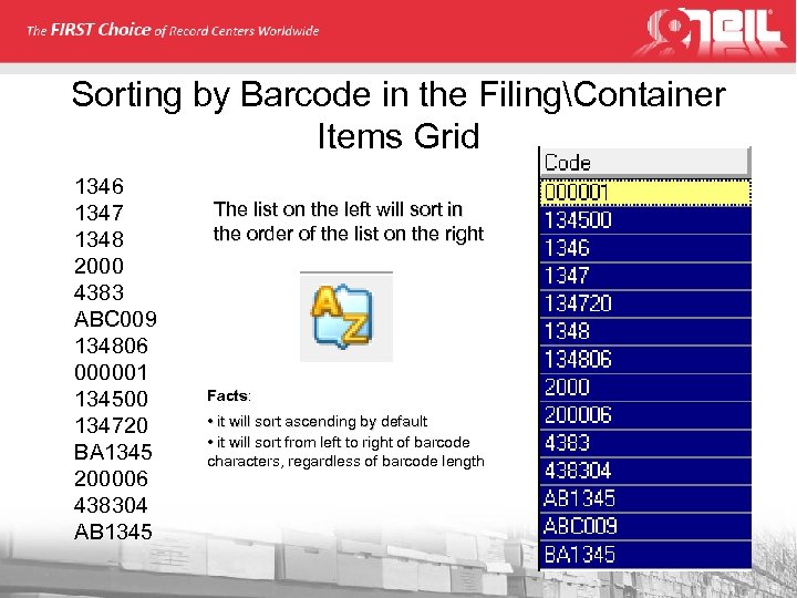 Sorting by Barcode in the FilingContainer Items Grid 1346 1347 1348 2000 4383 ABC