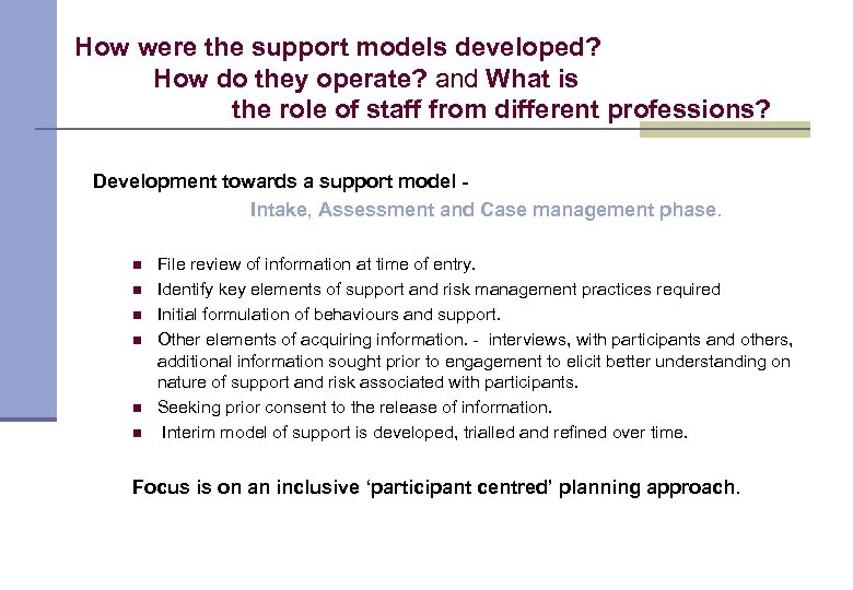 How were the support models developed? How do they operate? and What is the