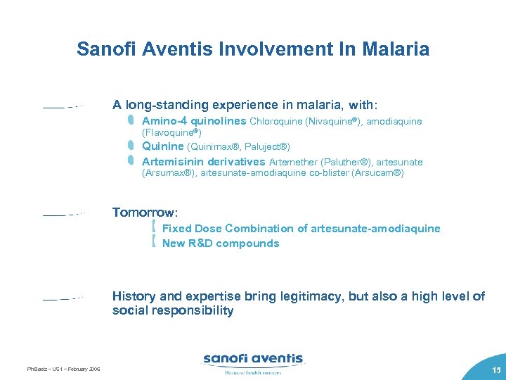 Sanofi Aventis Involvement In Malaria A long-standing experience in malaria, with: Amino-4 quinolines Chloroquine